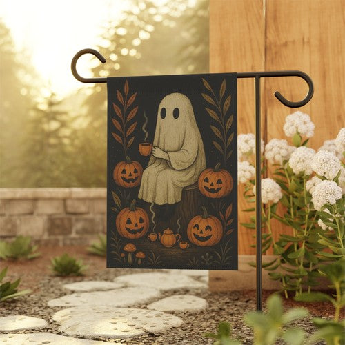 Ghost Tea Party Pumpkin Flag | Cozy Halloween Garden Yard Decor