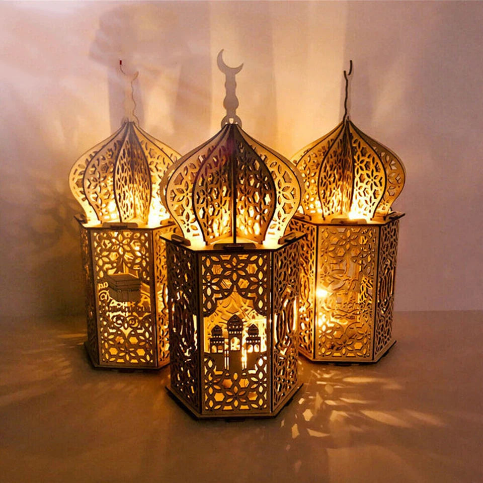 Eid Mubarak Muslim LED Night Light Ramadan Lamp Decor Lights Wooden Lantern DIY