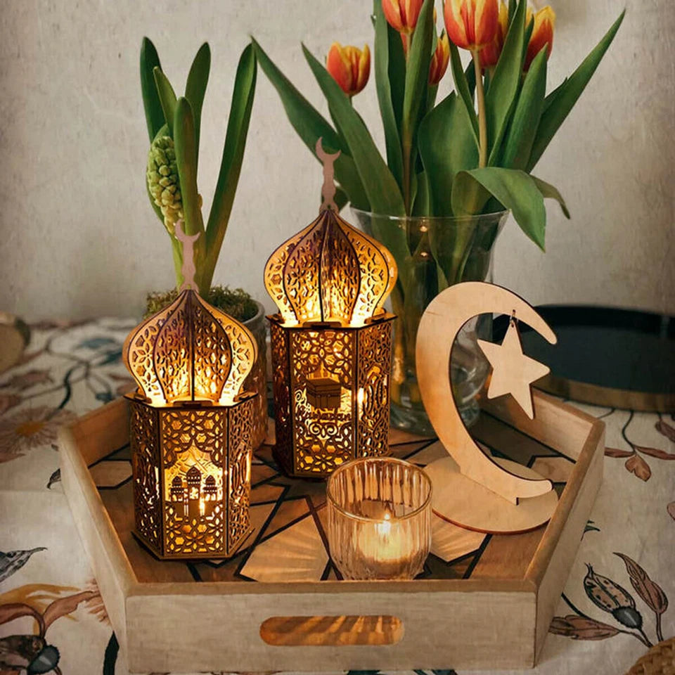 Eid Mubarak Muslim LED Night Light Ramadan Lamp Decor Lights Wooden Lantern DIY