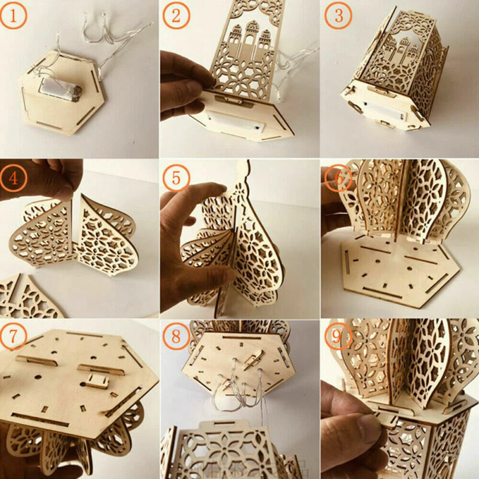 Eid Mubarak Muslim LED Night Light Ramadan Lamp Decor Lights Wooden Lantern DIY