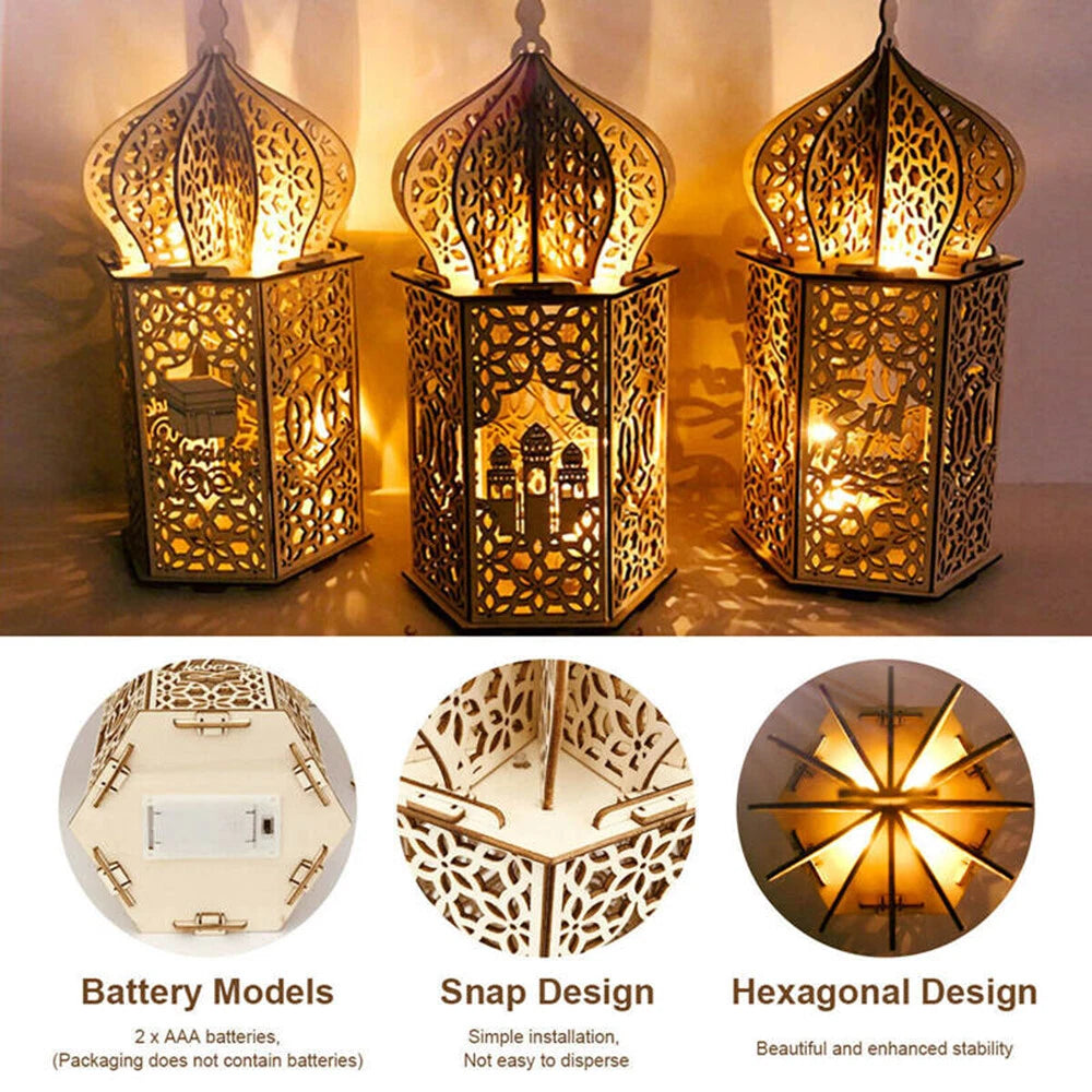 Eid Mubarak Muslim LED Night Light Ramadan Lamp Decor Lights Wooden Lantern DIY